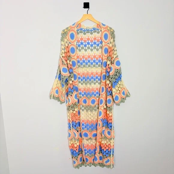POL Dreamside Crochet Longline Open Front Cardigan Pastel Granny Square Boho OS - Picture 2 of 9